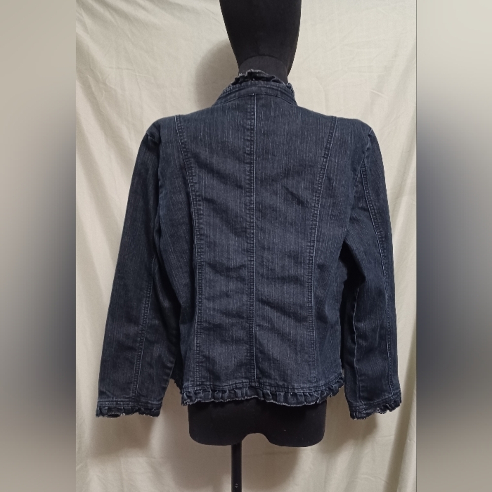 Petite Sophisticate Blue Denim Ruffle-Trim Jean Jacket Velvet Detail Design - Picture 7 of 14